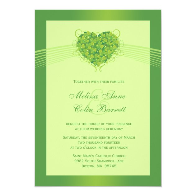 Green shamrock clovers heart wedding invitation (front side)
