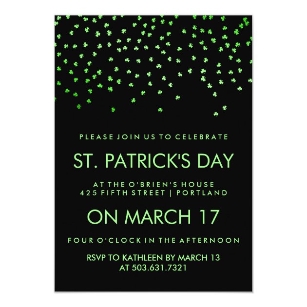 Green Shamrock Confetti on Black St Patrick's Day 5x7 Paper Invitation Card (front side)