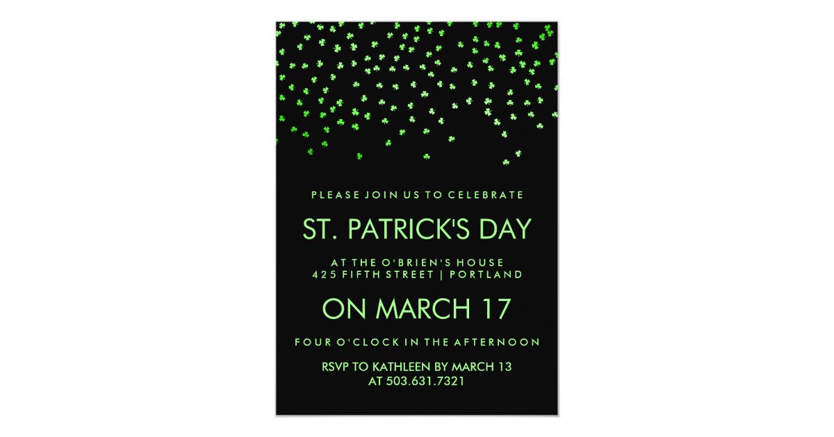 Graduation invitation Green Shamrock Confetti on Black St Patrick's Day 5x7 Paper Invitation Card