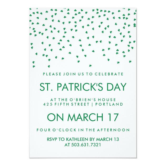 Green Shamrock Confetti on White St Patrick's Day 5x7 Paper Invitation Card (front side)