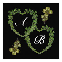 GREEN SHAMROCK HEARTS MONOGRAM black white purple Personalized Announcements