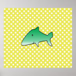 Green shark on yellow polka dots poster