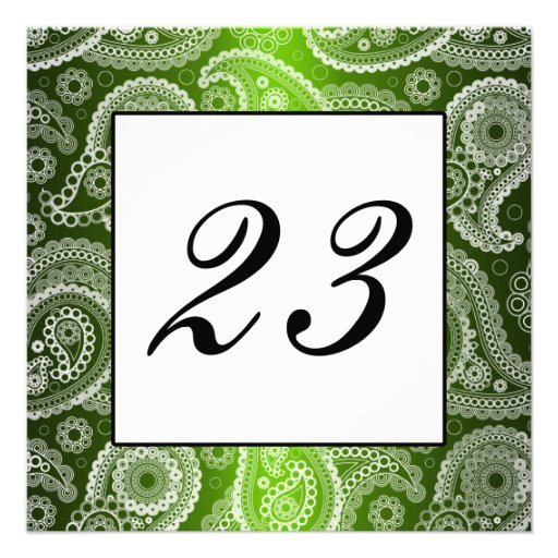 Green Shimmer White Lace Paisley Table Number Custom Invite