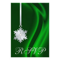 Green Silk Silver Snowflake Jewel RSVP Invitation