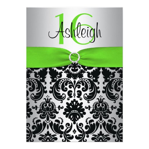 Green, Silver, Black Damask Sweet 16 Invitation