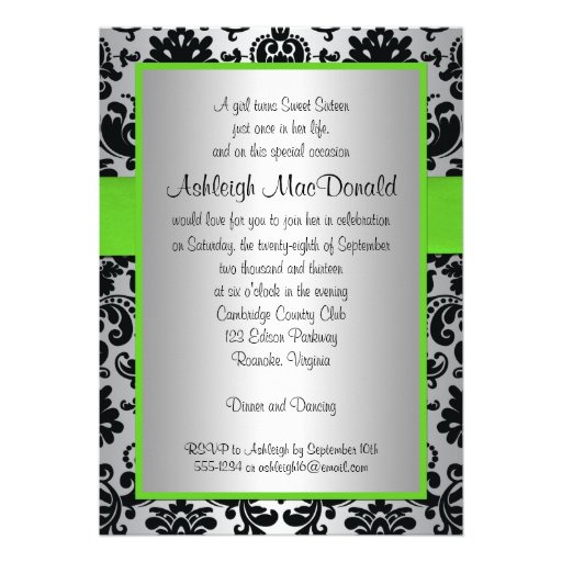 Green, Silver, Black Damask Sweet 16 Invitation