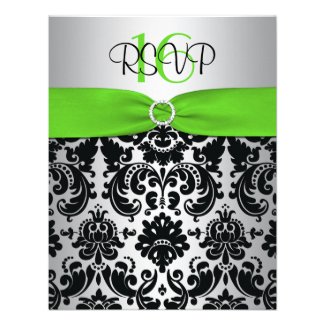 Green, Silver, Black Damask Sweet 16 RSVP Card