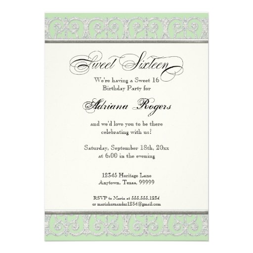 Green & Silver Diamonds & Lace, Sweet Sixteen 16 Personalized Announcements