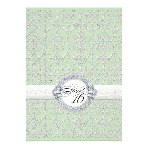 Green & Silver Diamonds & Lace, Sweet Sixteen 16 Personalized Announcements