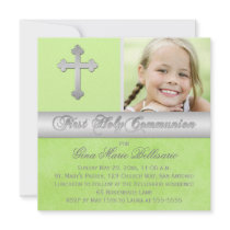 Green Silver First Holy Communion Photo Invitation