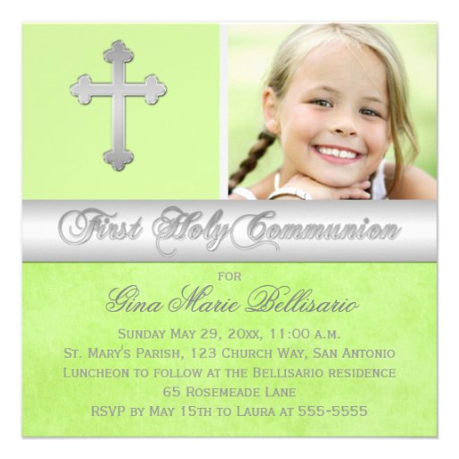 Green Silver First Holy Communion Photo Invitation
