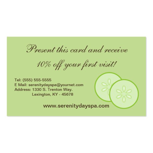 Green Spa Girl Cucumber Spa Massage Business Card (back side)