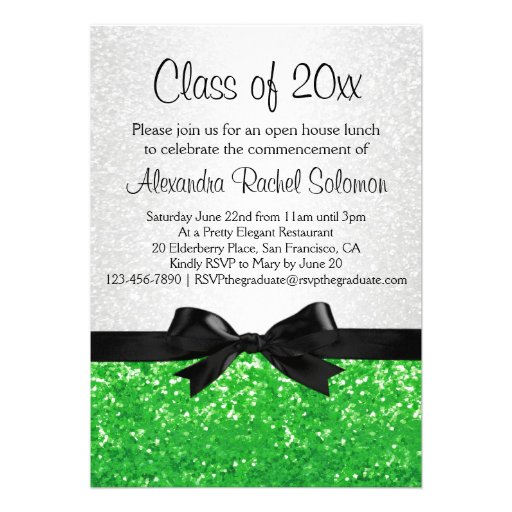 Green Sparkle-look Bow Graduation Invitation (front side)