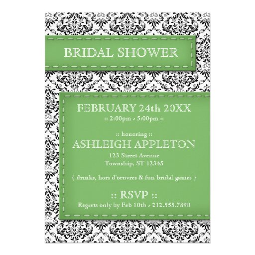 Green Stitched Damask Bridal Shower Invitations