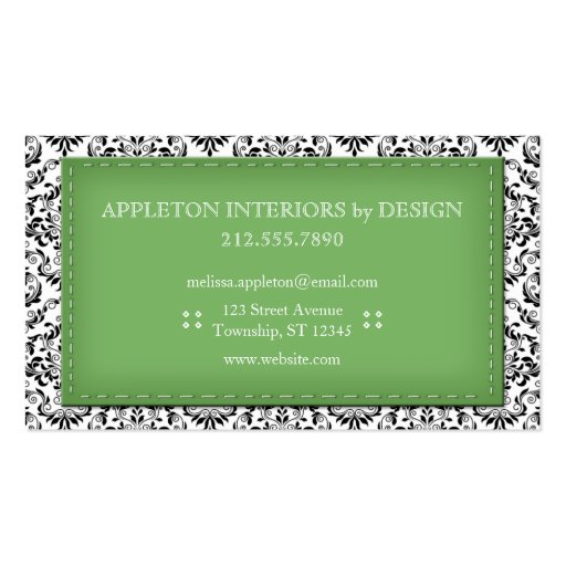 Green Stitched Damask Interior Designer Business Card Template (back side)