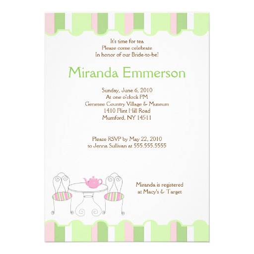 Green Stripe Tea Party Teapot Bridal Shower Personalized Invitation