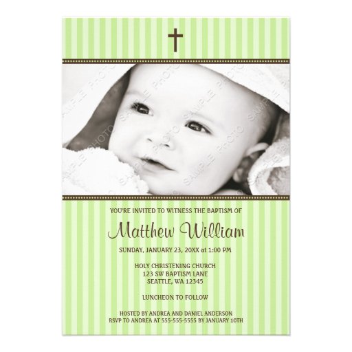 Green Stripes and Brown Cross Photo Baptism Custom Invite