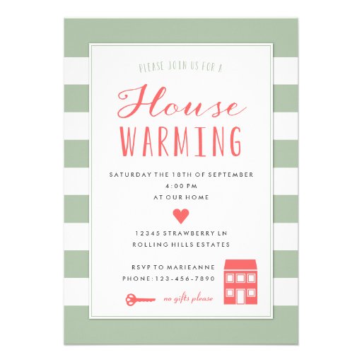 Green Stripes Coral Housewarming Party Invitation