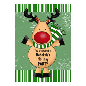 Green Stripes Reindeer Holiday Party Invitations