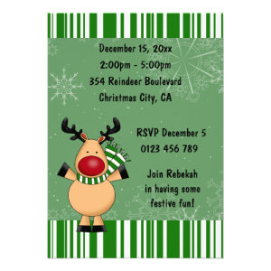 Green Stripes Reindeer Holiday Party Invitations