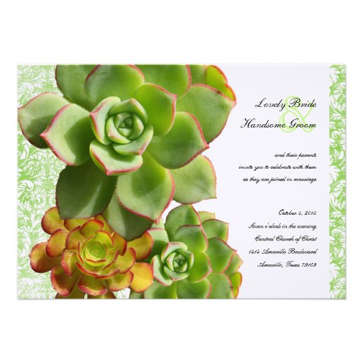 Green Succulents Vintage Damask Wedding Invitation