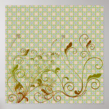 Green & Tan Floral Swirls on Green Pattern Poster
