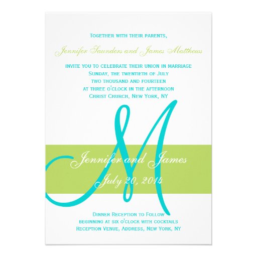 Green Teal Monogram Names Simple Photo Wedding Invite