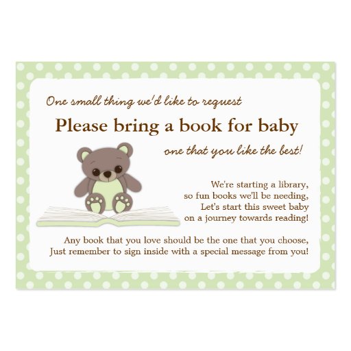 Green Teddy Baby Shower Book Insert Request Card Business Card Templates (front side)