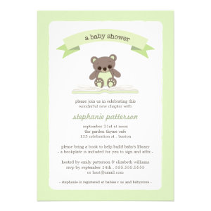 Green Teddy Bring a Book Baby Shower Invitation