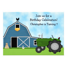 Green Tractor and Blue Barn Birthday Invite ~ Boys