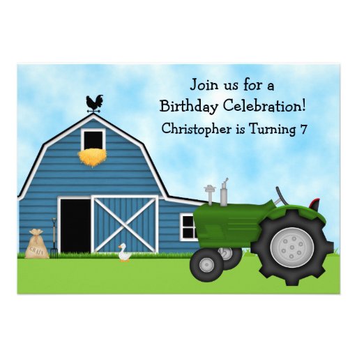 Green Tractor and Blue Barn Birthday Invite ~ Boys