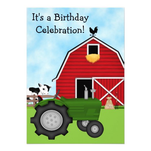 Green Tractor and Red Barn Birthday Invite ~ Boys