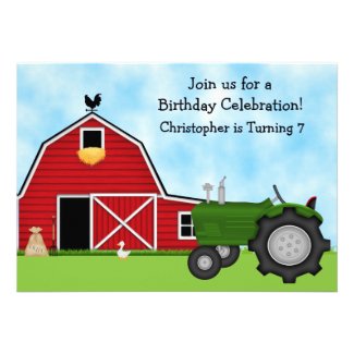 Green Tractor and Red Barn Birthday Invite ~ Boys