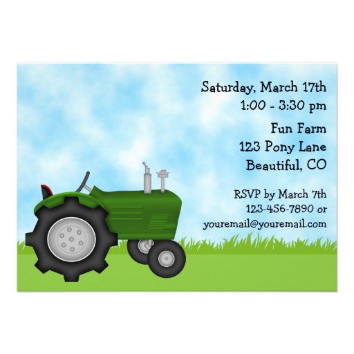 Green Tractor and Red Barn Birthday Invite ~ Boys