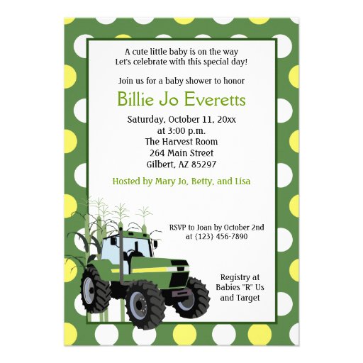 Green Tractor Baby Shower 5x7 Invitation