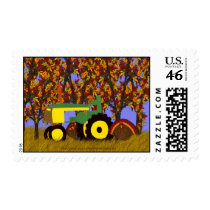 Green Tractor by Autumn Trees and Turkeys Postage