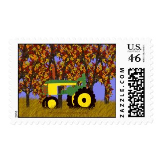 Green Tractor by Autumn Trees Postage stamp