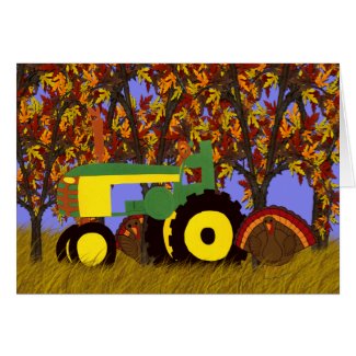 Green Tractor with Autumn Trees and Turkeys Card card