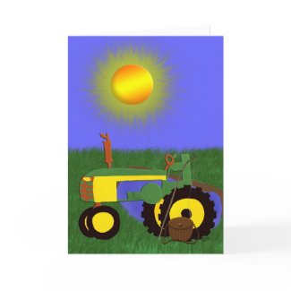Green Tractor with Fishing Pole by Pond Card card