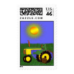Green Tractor with Fishing Pole by Pond Postage