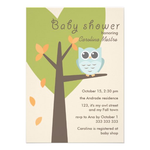 Green Tree Orange Leaves Blue Owl Fall Baby Shower Custom Announcements
