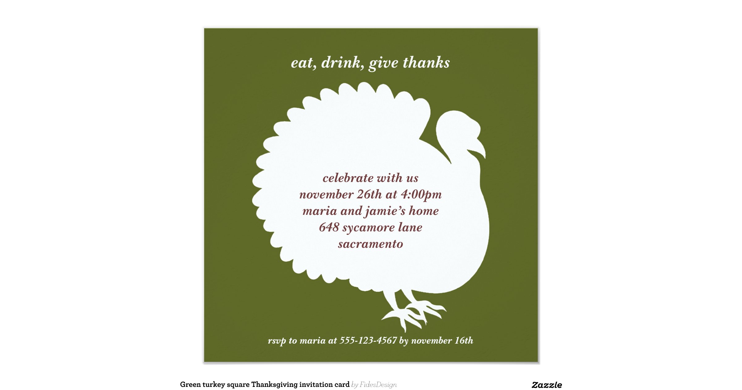 green_turkey_square_thanksgiving_invitation_card ...