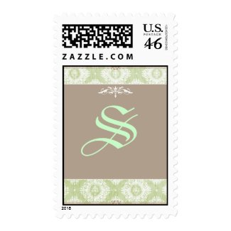 Green Victoria Damask Monogram Wedding Postage stamp