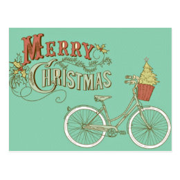 Green Vintage Merry Christmas Bicycle Postcard