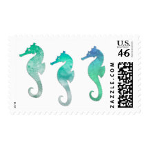 Green Watercolor Seahorses Stamps