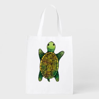 Green Watercolour Ink Drawn Turtle Reusable Grocery Bag