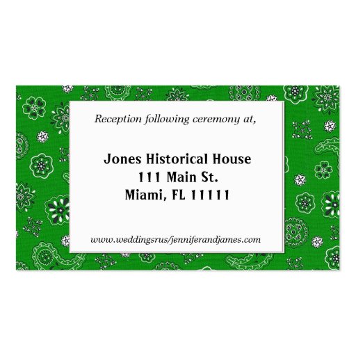 Green Western Wedding Reception Cards Business Card Template (front side)