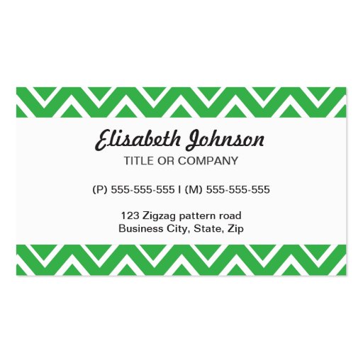 Green whimsical zig zags zigzag chevron pattern business card templates (front side)
