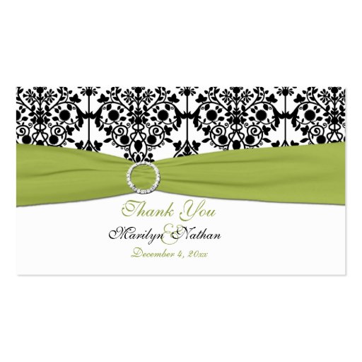 Green, White and Black Damask Wedding Favor Tag Business Card