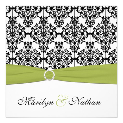 Green, White and Black Damask Wedding Invitation